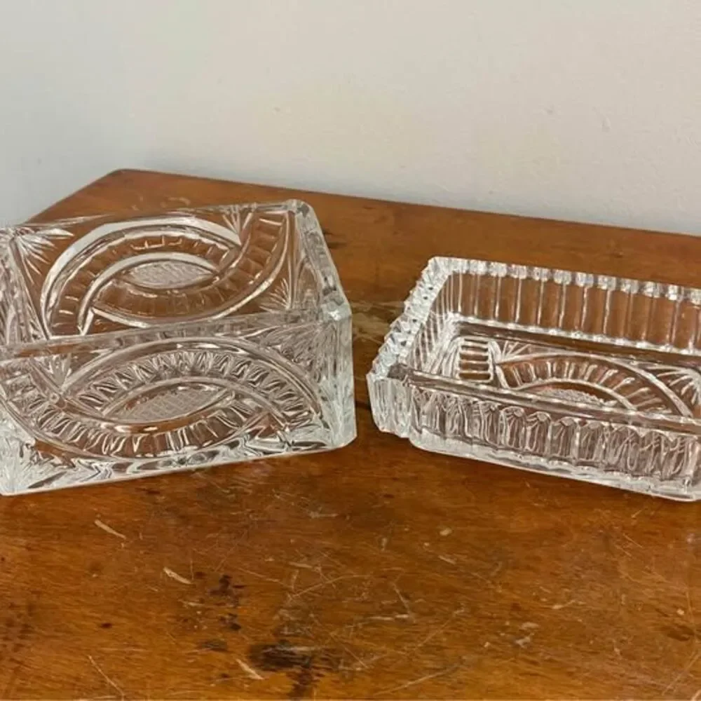 Vintage crystal cigarette box and ashtray that doubles as a lid